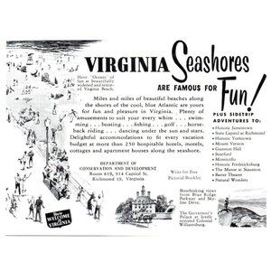 1953 Virginia Seashores Vacation Fun Vintage Print Ad Beach Williamsburg Art